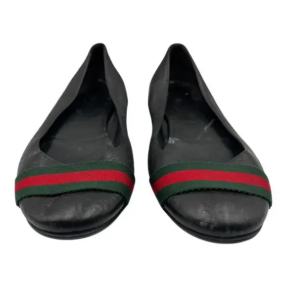 Gucci Guccissima Web Striped Leather Ballet Flats Shoes Black Size 38.5 US 8.5 - Picture 2 of 11